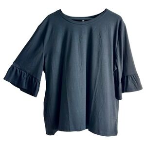 Women's 4XL Black Jersey Tulip 3/4 Sleeve Tunic Top with Faux Button-Up Back